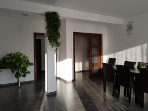 una sala da pranzo con tavolo, sedie e piante di Casa Nagy a Sovata