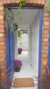 an alley with potted plants and a blue door at Atlantic cottage in Blackpool
