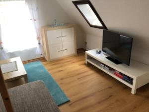 a living room with a flat screen tv on a table at Ferienhaus zentral & grün in Leipzig