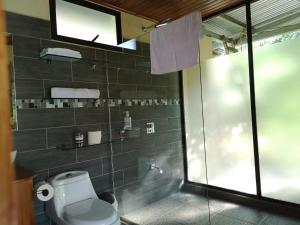 a bathroom with a toilet and a glass shower at La Guayaba Monteverde in Monteverde Costa Rica