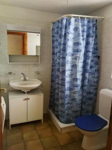 a bathroom with a shower curtain and a sink at Rustico Il Pardo in Maggia
