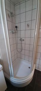 a bathroom with a shower with a glass door at Ferienwohnung Aue in Bad Lauterberg