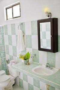 La salle de bains est pourvue d'un lavabo, de toilettes et d'un miroir. dans l'établissement CASA FRIDA FULL APARTMENTS holbox, à Holbox