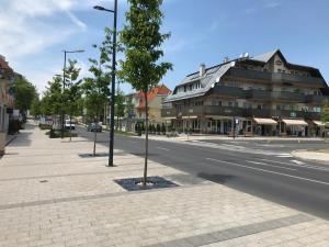 eine Straße mit einem Baum am Straßenrand in der Unterkunft Relax Apartmenthouse in Hévíz