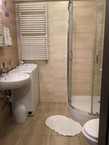 La salle de bains est pourvue d'une douche, d'un lavabo et de toilettes. dans l'établissement Młynowa - Apartamenty Centrum New, à Białystok