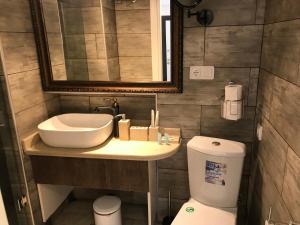 CASA NEPTUN in OLD BATUMI في باتومي: حمام مع حوض ومرحاض ومرآة