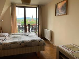 - une chambre avec un lit et une grande fenêtre dans l'établissement DOM KKK, à Rabka-Zdrój