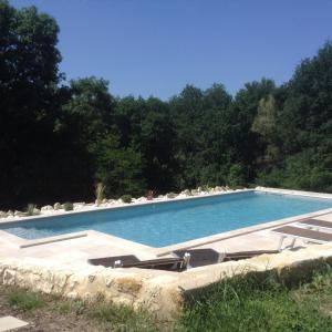 une grande piscine avec des chaises longues et des arbres dans l'établissement Domaine verte vallée, à Lignan-de-Bordeaux