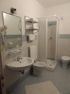 La salle de bains est pourvue d'un lavabo, de toilettes et d'une douche. dans l'établissement B&B Il Giardino Etrusco, à Saturnia