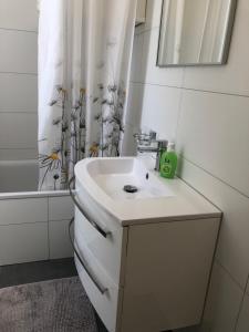 baño con lavabo y cortina de ducha en Apartment Italy, en Interlaken
