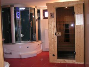 a bathroom with a shower with a glass door at Domizil in Moosbach