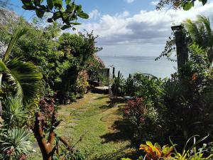 a garden with a view of the ocean at Hôtel Fenua Mata'i'oa in Papetoai