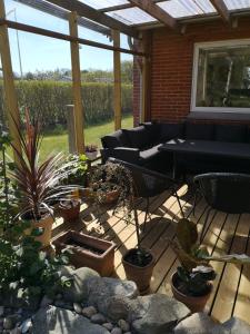 VestervigにあるLogi i hus med kunst og haveの鉢植えの植物が植えられたパティオ、デッキにソファが備わります。