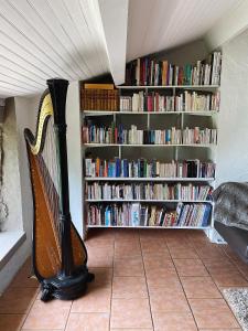 a library with a harpsichord in front of a book shelf at Domaine de La Michelle in Madaillan
