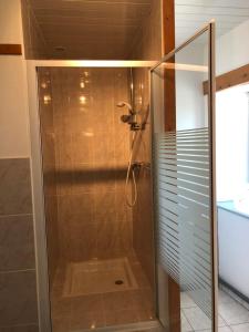 a shower with a glass door in a bathroom at L’Ecrin champenois : 150m2 au cœur du vignoble in Étoges