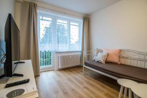 - un salon avec un canapé et une fenêtre dans l'établissement apartmán v bytovém domě Turnov, à Turnov