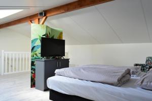Un dormitorio con una cama con un televisor encima. en Appartement zeldenrust, en Oostkapelle