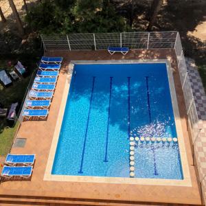 uma vista sobre uma piscina com cadeiras azuis em Trill Mirasol B estudio 1a linea mar em L'Estartit