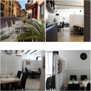2 vistas a un restaurante con mesas y sillas en gioiAcasa, en Novazzano