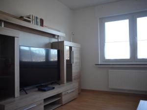 a living room with a flat screen tv and a window at Rothaarsteig Ferienhaus in Kirchhundem
