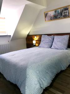 una camera da letto con un grande letto con cuscini blu di Gîtes La Petite Venise Colmar a Colmar
