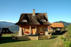 a small house with a thatched roof on a hill at Osada Beskidzka in Zawoja