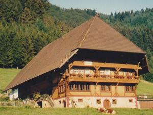 una gran casa con un gran techo marrón en Wäldebauernhof, en Gutach