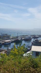 a view of a harbor with boats in the water at Villa Monika in Sassnitz