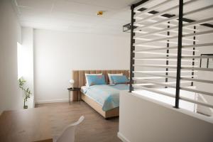 a bedroom with a bed with blue pillows at FRIENDS RESIDENCE Apartments in Timişoara