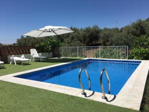 una piscina con sombrilla en un patio en CASA DE LOS ALAMOS, en Periana