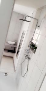 a white bathroom with a shower and a sink at Le cosy de sarah in Bordeaux-Saint-Clair