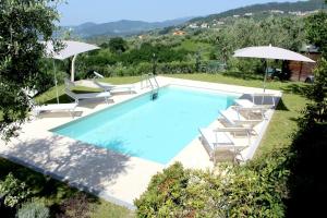 a swimming pool with lounge chairs and umbrellas at Al Vecchio Metato in Valgiano