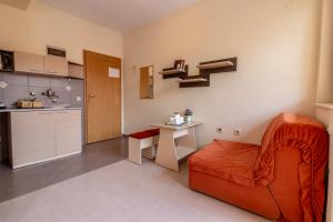 a small apartment with a kitchen and a bed in a room at Denicia Apartments in Ohrid