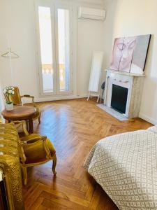 a living room with a fireplace and a bed at Appartment Le Charme du Bourgeois in Nice