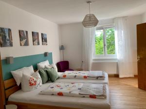 1 dormitorio con 2 camas y ventana en Sonnenhof - Ferienwohnung, en Oberstaufen