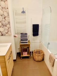 a bathroom with a shower and a basket of towels at Appartment Le Charme du Bourgeois in Nice +8 photos