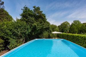 a blue swimming pool with an umbrella and trees at Country house pisani 120SQM in Pernumia