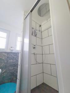 a shower with a glass door in a bathroom at Ferienwohnung im Manbach in Freudenstadt