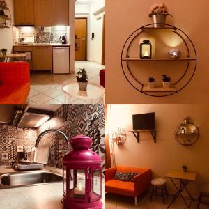 2 fotos de una cocina con fregadero y una habitación en The Student's Home, en Kavala