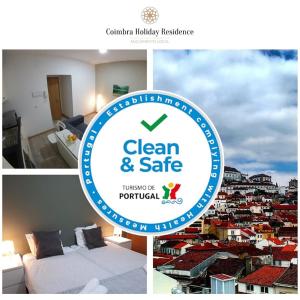 uma colagem de fotografias de um sinal para uma residência limpa e segura em Coimbra Holiday Residence em Coimbra