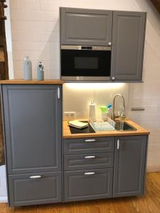 eine Küche mit einer Spüle und einer Mikrowelle in der Unterkunft Bielenberg 37 in Kollmar