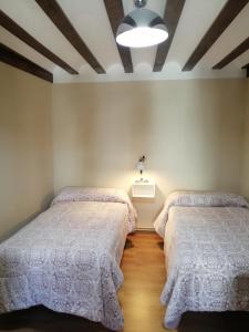 Schlafzimmer mit 2 Betten und Deckenbeleuchtung in der Unterkunft LA TRASTIENDA de felipe in Santiago-Pontones