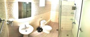 a bathroom with a sink and a toilet and a shower at Villa PANGALIS Romantica in Kato Pavliana