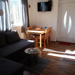 a living room with a black couch and a table at Plitvice Valley Apartments in Ličko Petrovo Selo