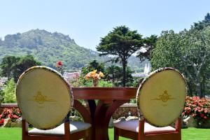 Sintra Marmoris Palace في سينترا: كرسيين يجلسون أمام طاولة في حديقة
