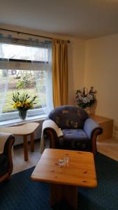 sala de estar con sofá, mesa y ventana en Ferienhaus Monarda, en Hahnenklee-Bockswiese