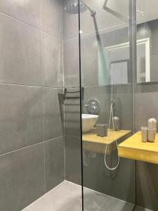 a shower with a glass door in a bathroom at Agios Ioannis luxurious beachfront studio in Agios Ioannis Pelio