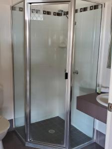 多尔比Windsor Hotel Motel Dalby的浴室里有玻璃门的淋浴间