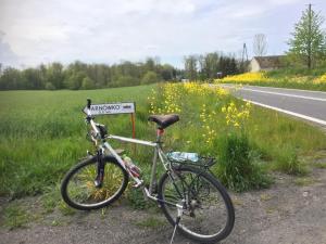 una bicicleta estacionada al lado de una carretera en La Petite France, en Koszalin