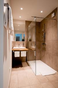 een badkamer met een douche, een wastafel en een glazen douchecabine bij Zeitlos Boutiquehotel in Limburg an der Lahn